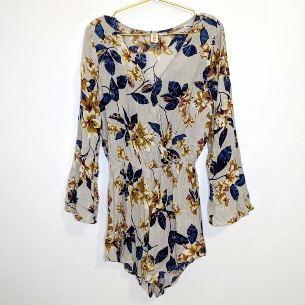 Mimi Chica Medium Blue & Yellow Floral Long Sleeve Wrap Front Romper
